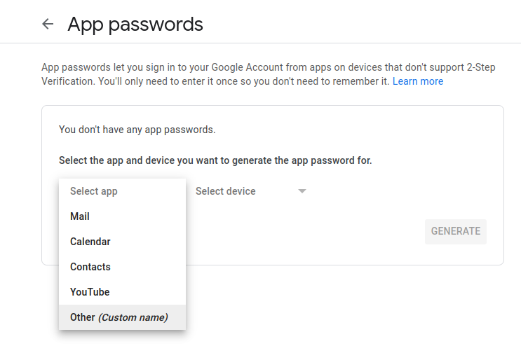App Passwords app selection