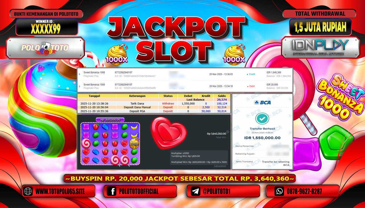 POLOTOTO JACKPOT SLOT SWEET BONANZA 1000 Rp.1.550.000,- LUNAS