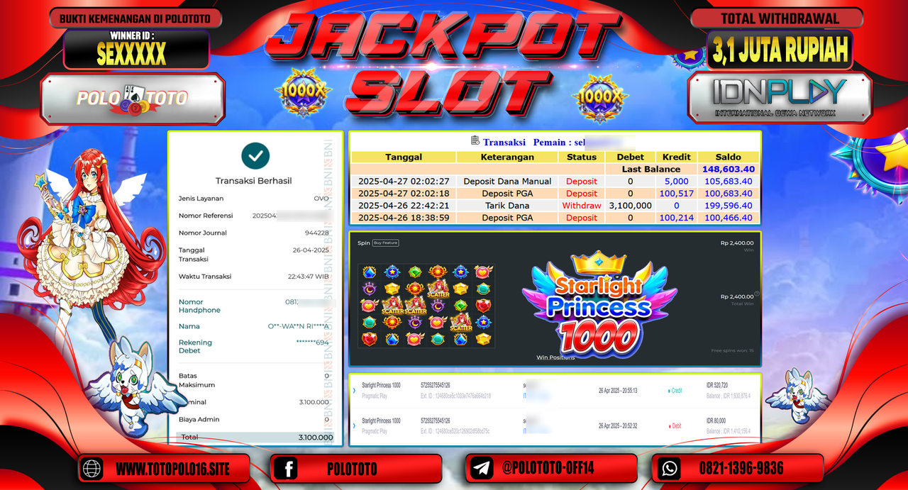 POLOTOTO JACKPOT SLOT STARLIGHT PRINCESS 1000 Rp.3.100.000,-