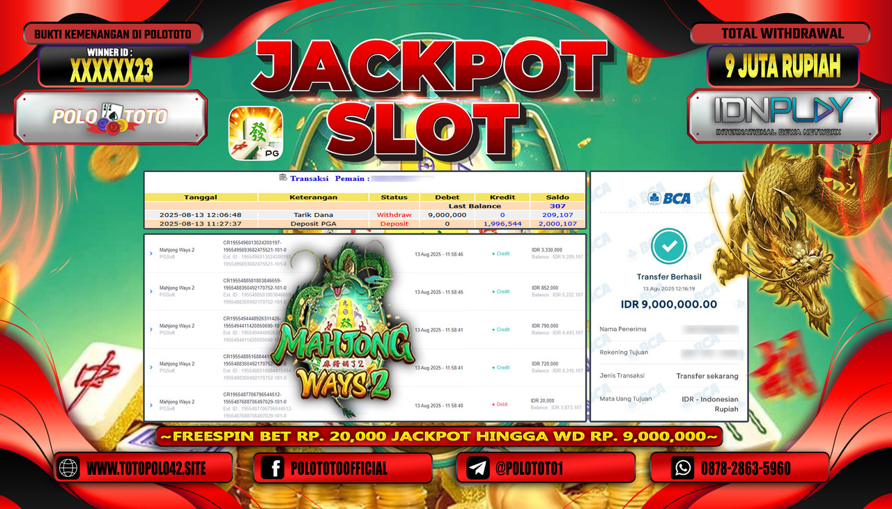 POLOTOTO JACKPOT SLOT MAHJONG WAYS 2 Rp.9.000.000,-LUNAS