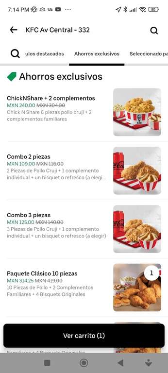 Uber Eats: KFC | 10 piezas + 2 complementos familiares + 4 bisquets por $224 con Uber one 
