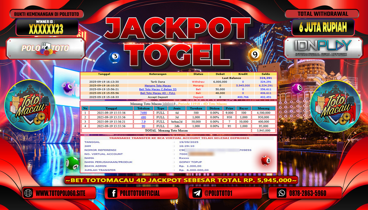 POLOTOTO JACKPOT TOGEL TOTO MACAU Rp.6.000.000,- LUNAS