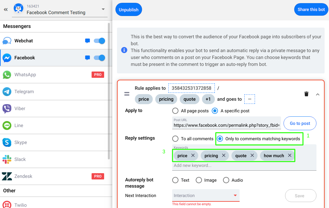 Facebook Comment bot keywords post engage