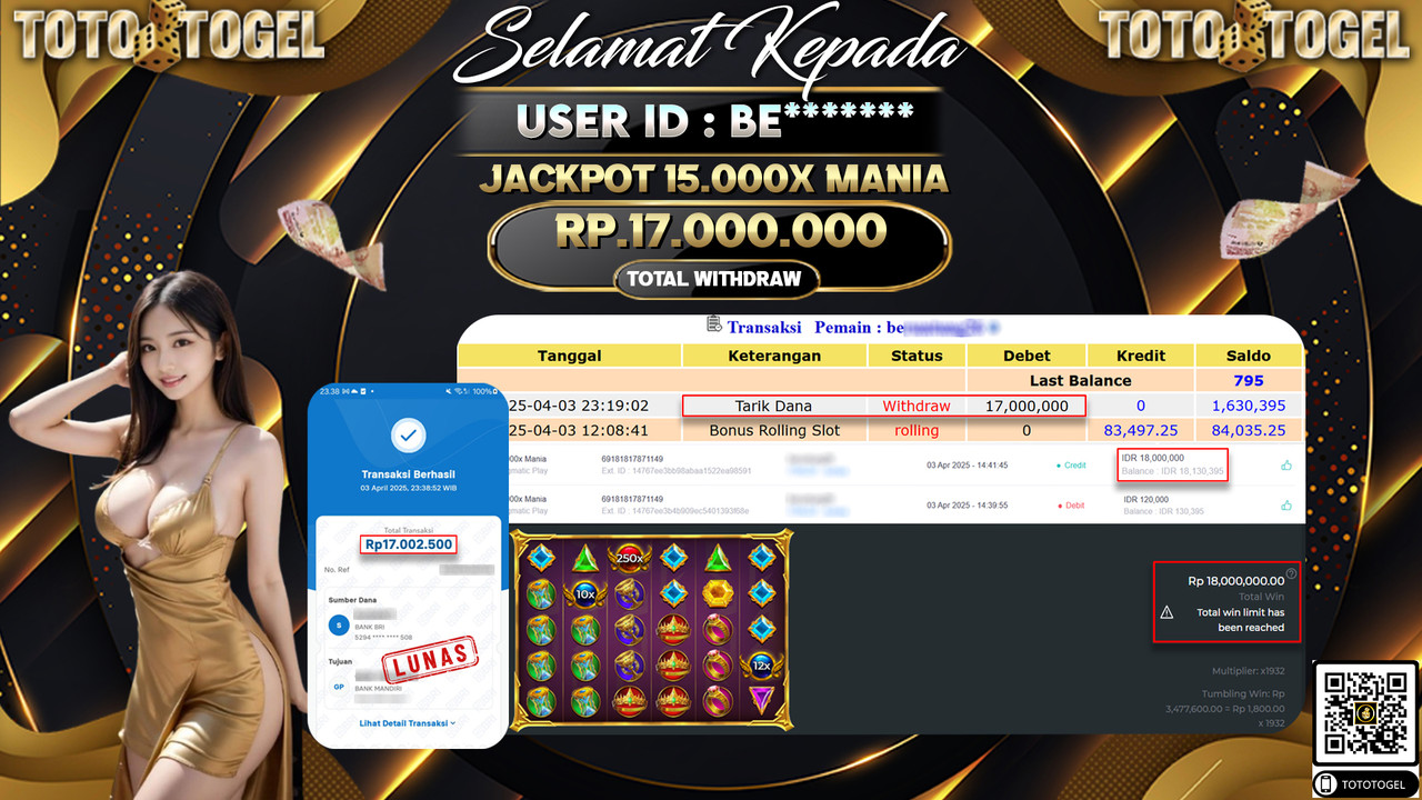 Bukti Pembayaran Jackpot  Permainan Slot 15.000x Mania ID:BE***** LUNAS
