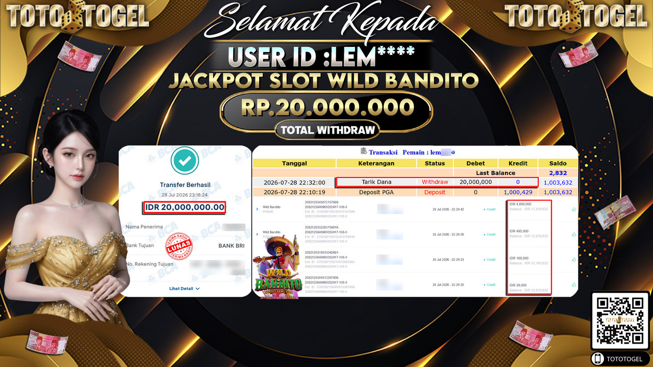 Bukti Pembayaran Jackpot SLOT WILD WILD BANDITO ID:LEM****LUNAS