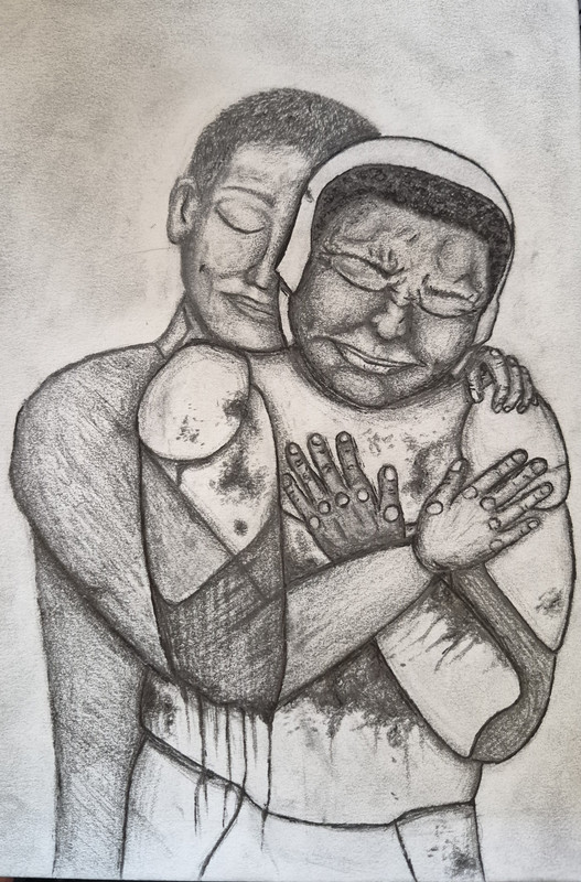 Black and white drawing of Murderbot (in pencil) on the left and Unit (in pencil and pen) on the right. It is a depiction of the scene where Murderbot is comforting Unit by holding it in its arms in the feed. Unit is wearing its armor which is bloody and is missing its arm at it's elbow which can be seen through Murderbots less opaque arm around it. Murderbot is wearing a suitskin with no visible injuries. Unit's face is contorted in distress and Murderbot is a bit melancholic.