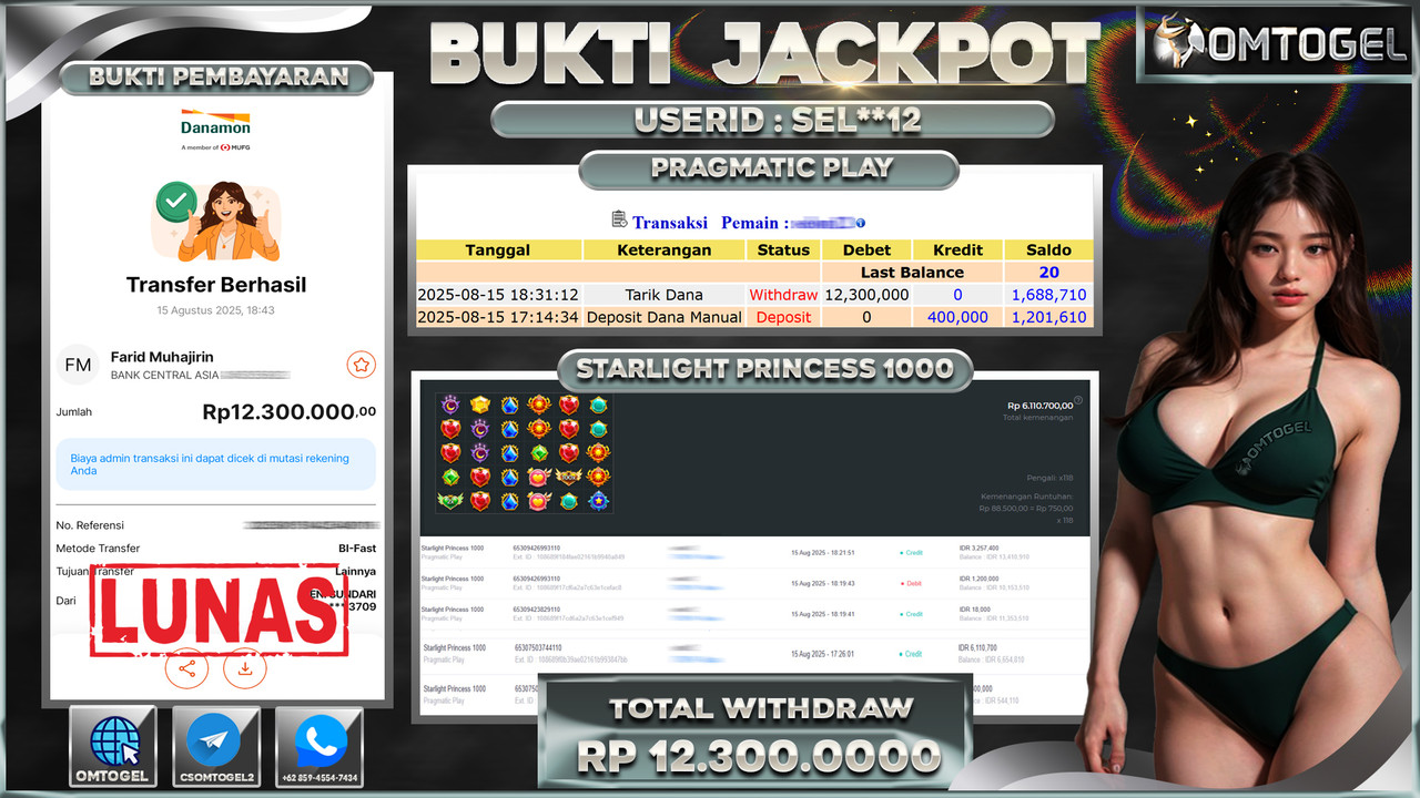 OMTOGEL JACKPOT PRAGMATIC PLAY STARLIGHT PRINCESS 1000 12 JUTA DI BAYAR LUNAS ,-