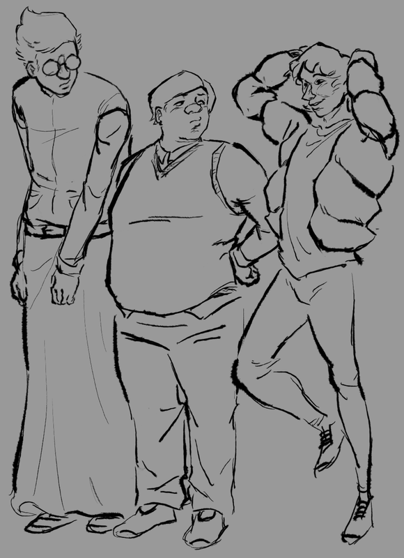 an uncoloured sketch of dolus, echo, and thea from knuckle sandwich, all genderbent