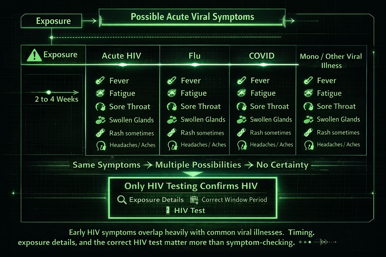 Scientific infographic showing how early HIV symptoms overlap with flu, COVID, mono, and other viral illnesses, and why only HIV testing can confirm HIV