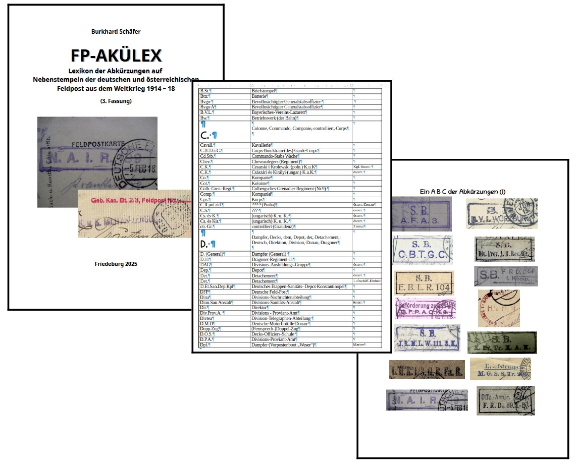 FP Akülex Lexikon der Abkürzungen auf Nebenstempeln der deutschen und österreichischen Feldpost aus