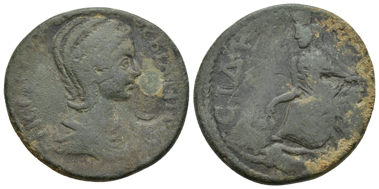 AE31 provincial de Orbiana. Thyche sentada en roca. Side, Pamphylia. Smg-1471