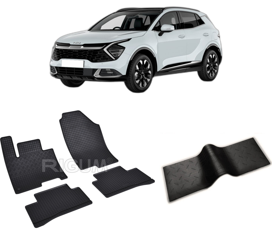 Set covorase auto KIA SPORTAGE PHEV din 2022-PREZENT, cu covoras tunel median, CAROSERIE SUV, Presuri cauciuc 100%, compatibil cu autoturismul KIA SPORTAGE PHEV, Rigum