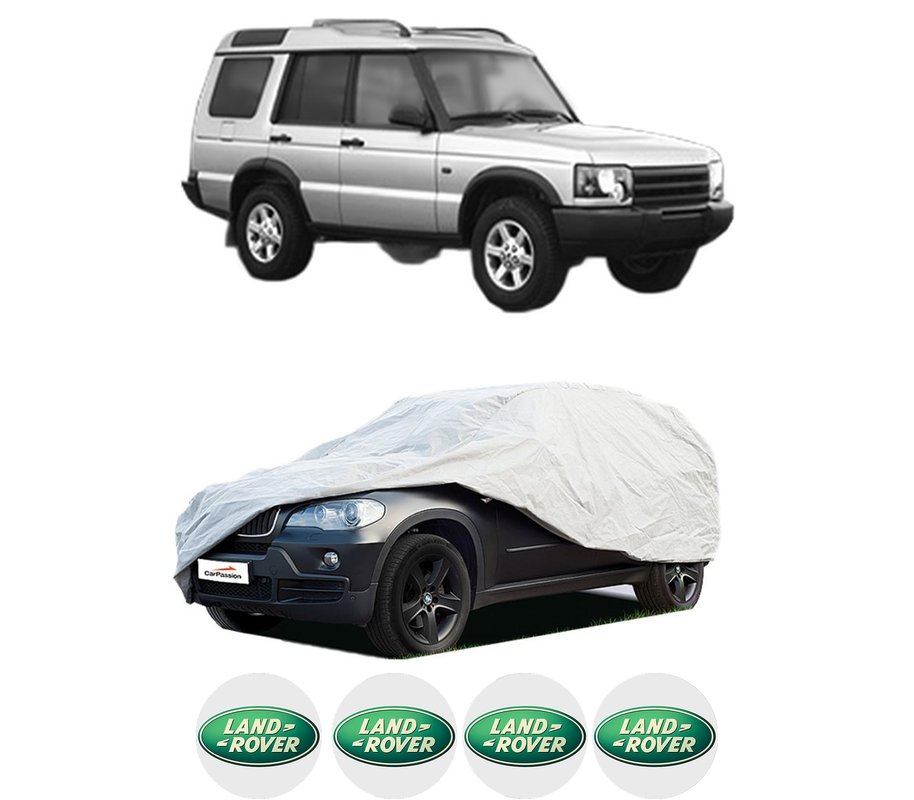 Husa tip prelata auto pentru LAND ROVER DISCOVERY III (L319) din 2004-2009, Culoare Gri, material textil impermeabil, rezistanta la intemperii praf UV, CARPASSION Husa Protectie, 4 Stickere auto cu LAND ROVER