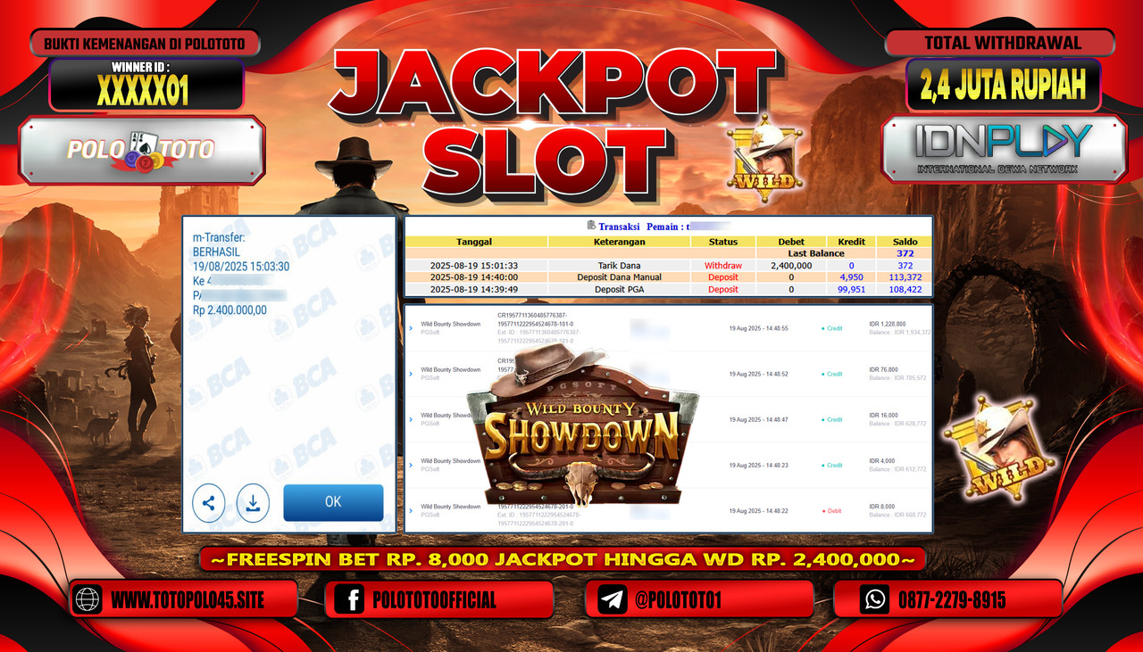 POLOTOTO JACKPOT SLOT WILD BOUNTY SHOWDOWN Rp.2.400.000,- LUNAS