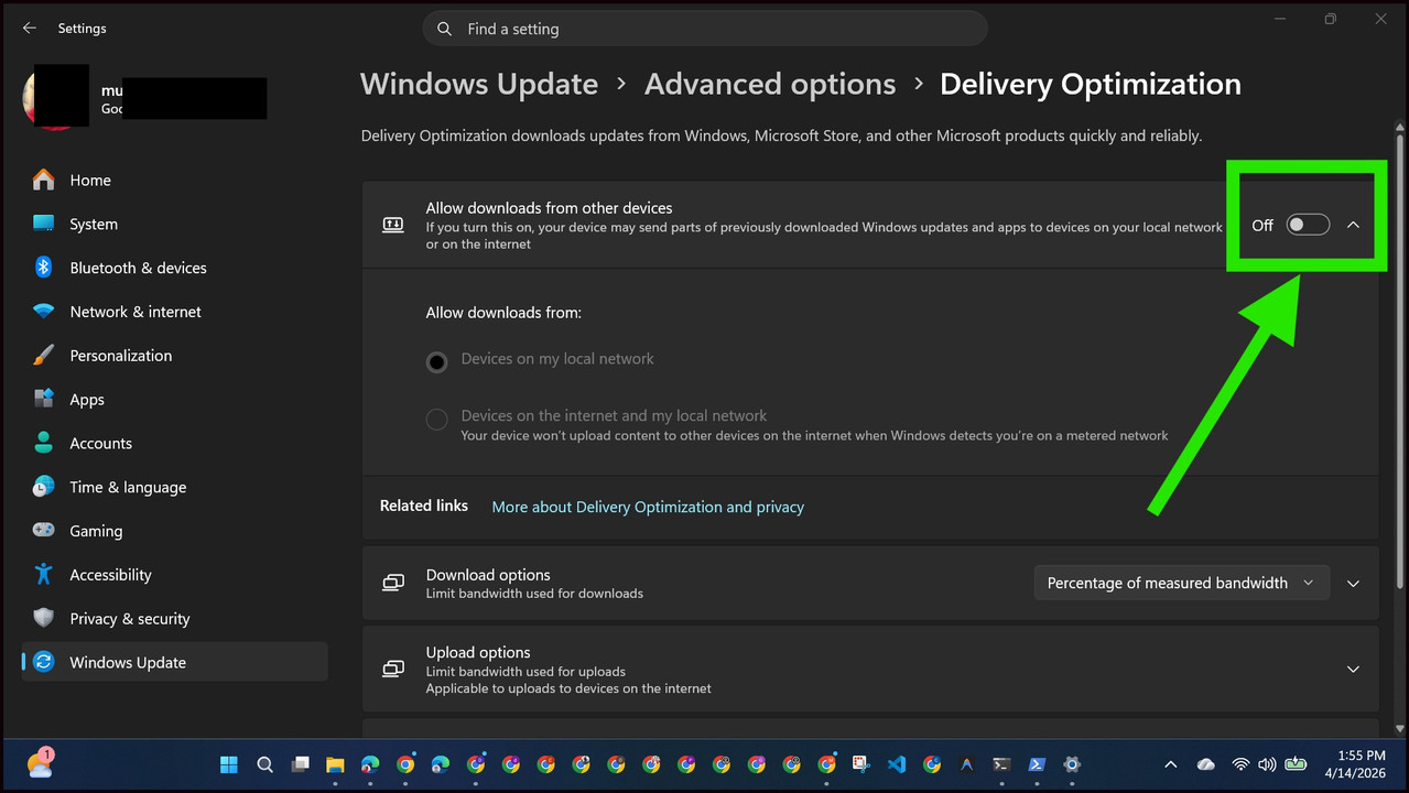 When "Allow downloads from other devices" is turned off, your PC will download all Windows updates straight from Microsoft's servers and will not upload anything to other computers at all. No background uploads. No sharing.