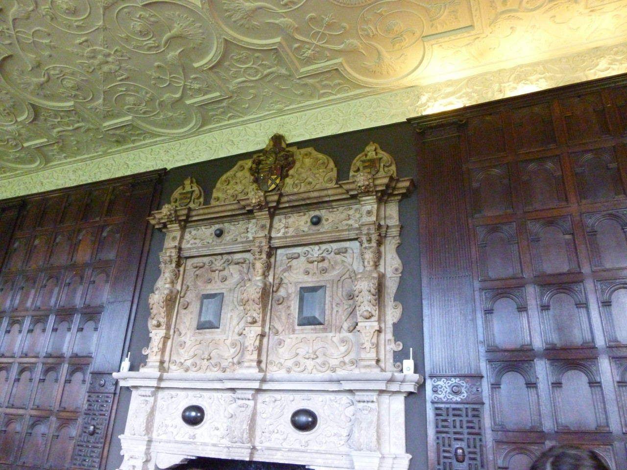 Fireplace in one of the long halls.  The panelling around it is dark wood again, the ceiling has designs in white plaster.  The fireplace itself is carved from a white stone - marble?
