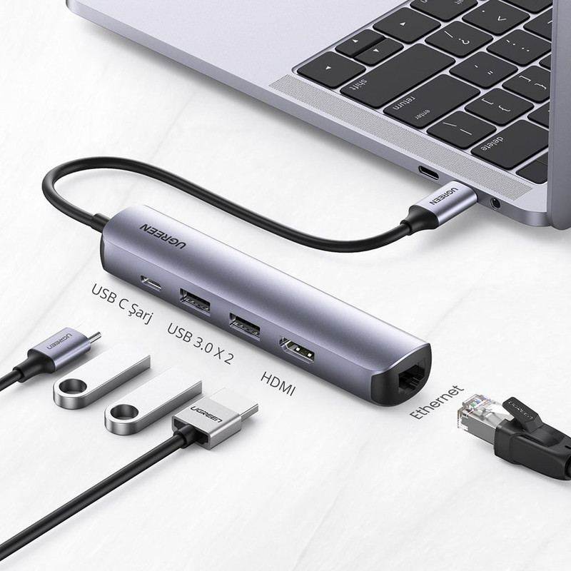 Docking station Ugreen CM418, Type-C la 2x USB3.0, HDMI 4K@60Hz, RJ45 Gigabit, Type-C PD100W, 5Gbps, Gri imgi 345 2220301