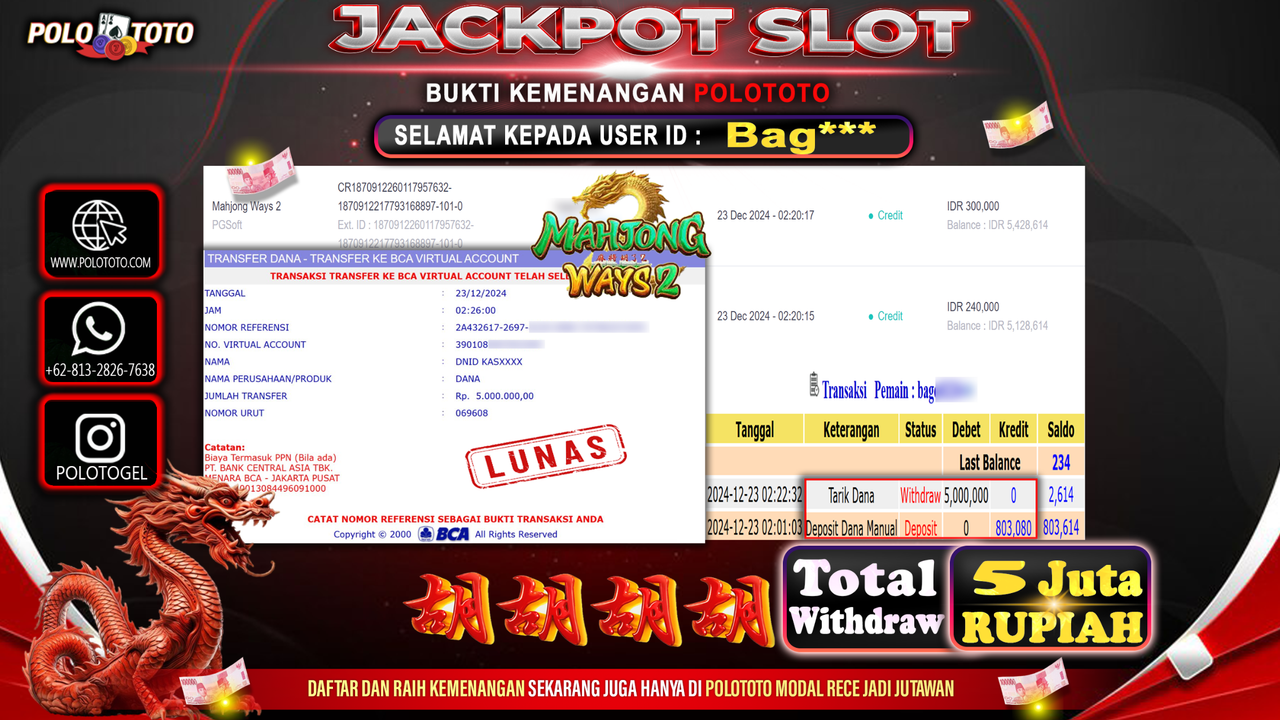 POLOTOTO JACKPOT SLOT MAHJONG WAYS 2 Rp.5,000.000,-