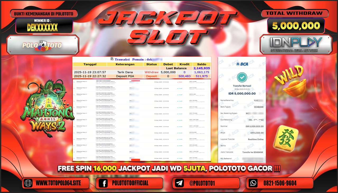 POLOTOTO JACKPOT SLOT MAHJONG WAYS 2 Rp.5.000.000,- LUNAS
