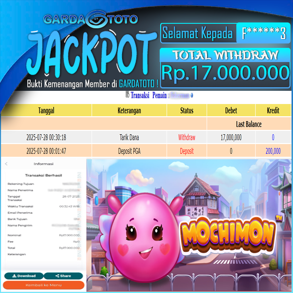 JACKPOT MAIN DI SLOT PRAGMATIC PLAY MOCHIMON WD Rp 17,000,000,- DIBAYAR LUNAS GARDATOTO MANTAP 