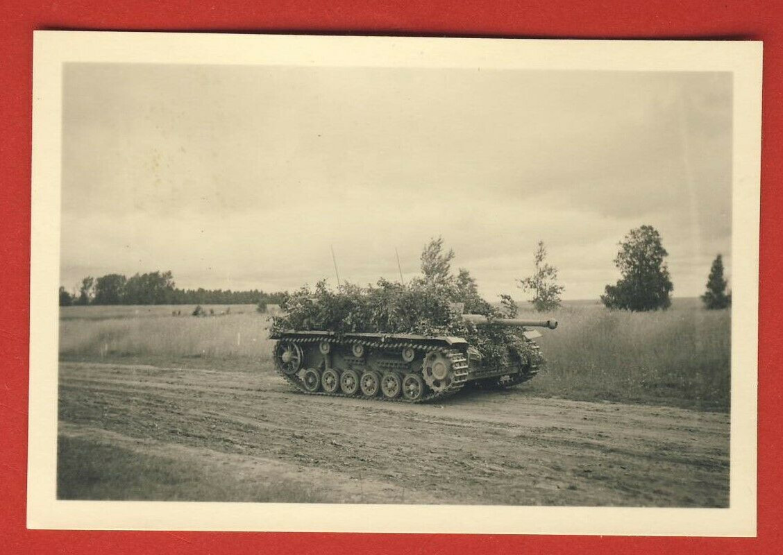 Fotos Panzer Sturmgeschütz  mit Tarnung und Fahne Rußland Feldzug2