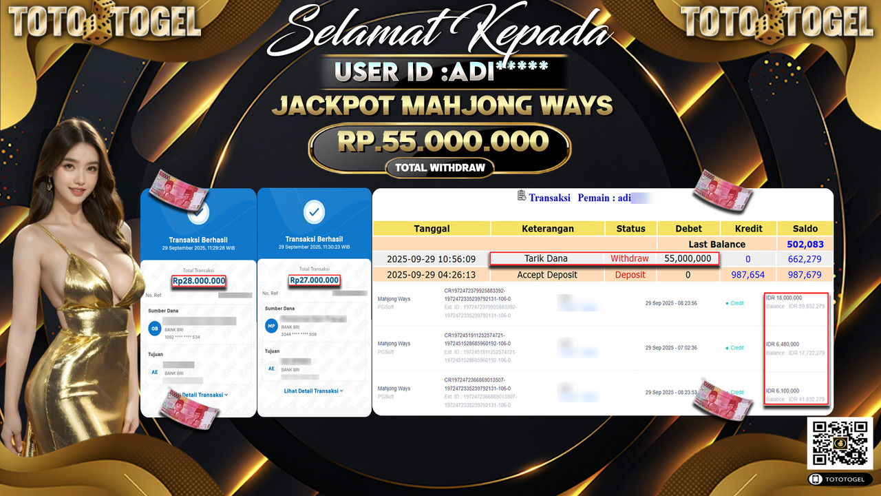 Bukti Pembayaran Jackpot Permainan Slot Mahjong Ways ID:ADI*** LUNAS