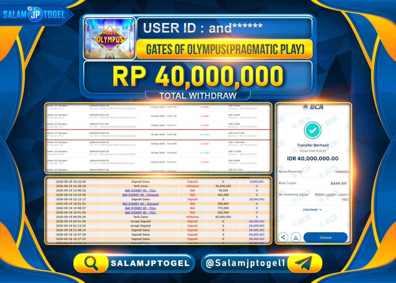 SALAMJPTOGEL JACKPOT MENANG SLOT GATES OF OLYMPUS Rp.40,000,000 - LUNAS