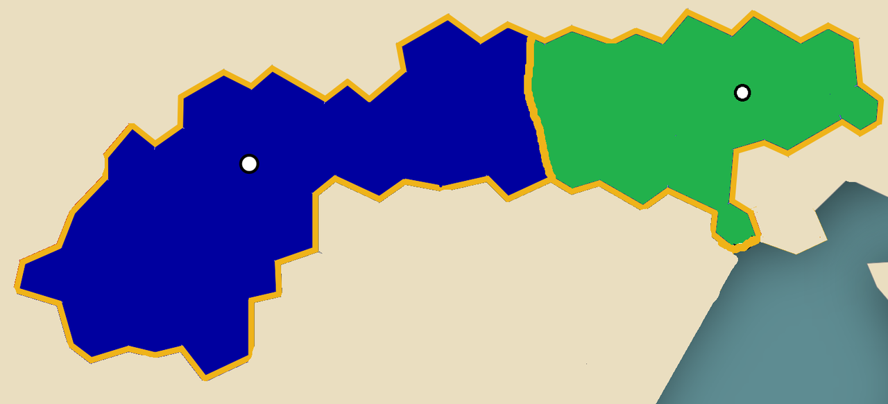 Carte de l'an 1000 des territoires du royaume d'Elsvenwald (en bleu) et de Velvetie (en vert).