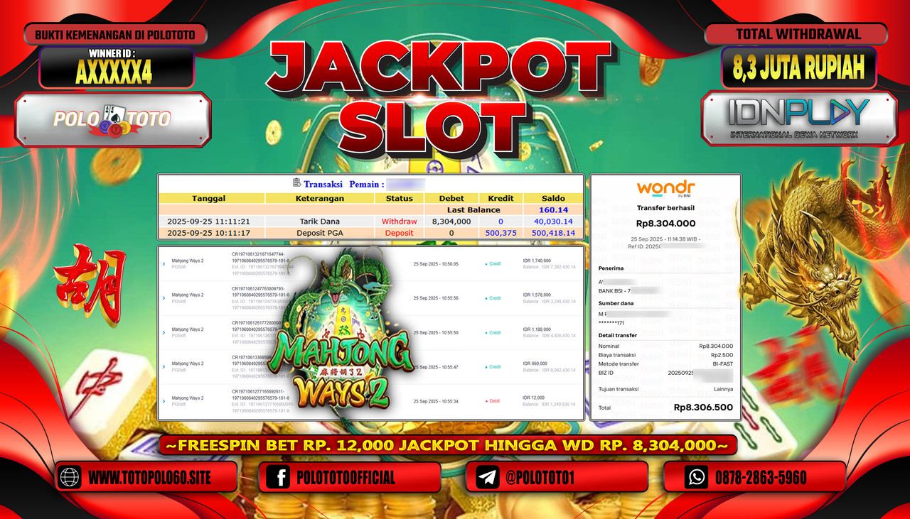 POLOTOTO JACKPOT SLOT MAHJONG WAYS 2 Rp.8.300.000,- LUNAS