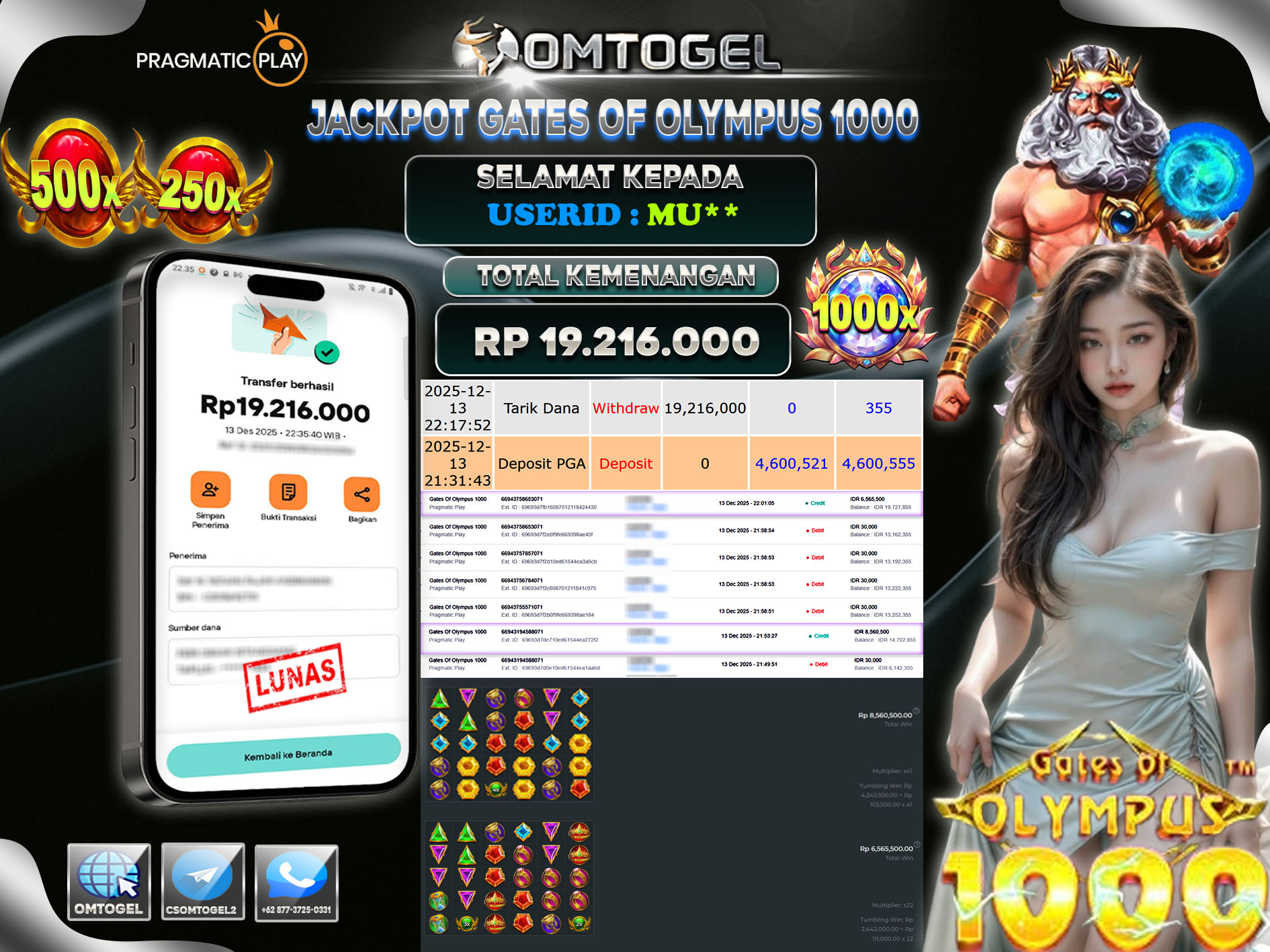 OMTOGEL JACKPOT PRAGMATIC PLAY GATES OF OLYMPUS 1000 , 19  JUTA DI BAYAR LUNAS ,-