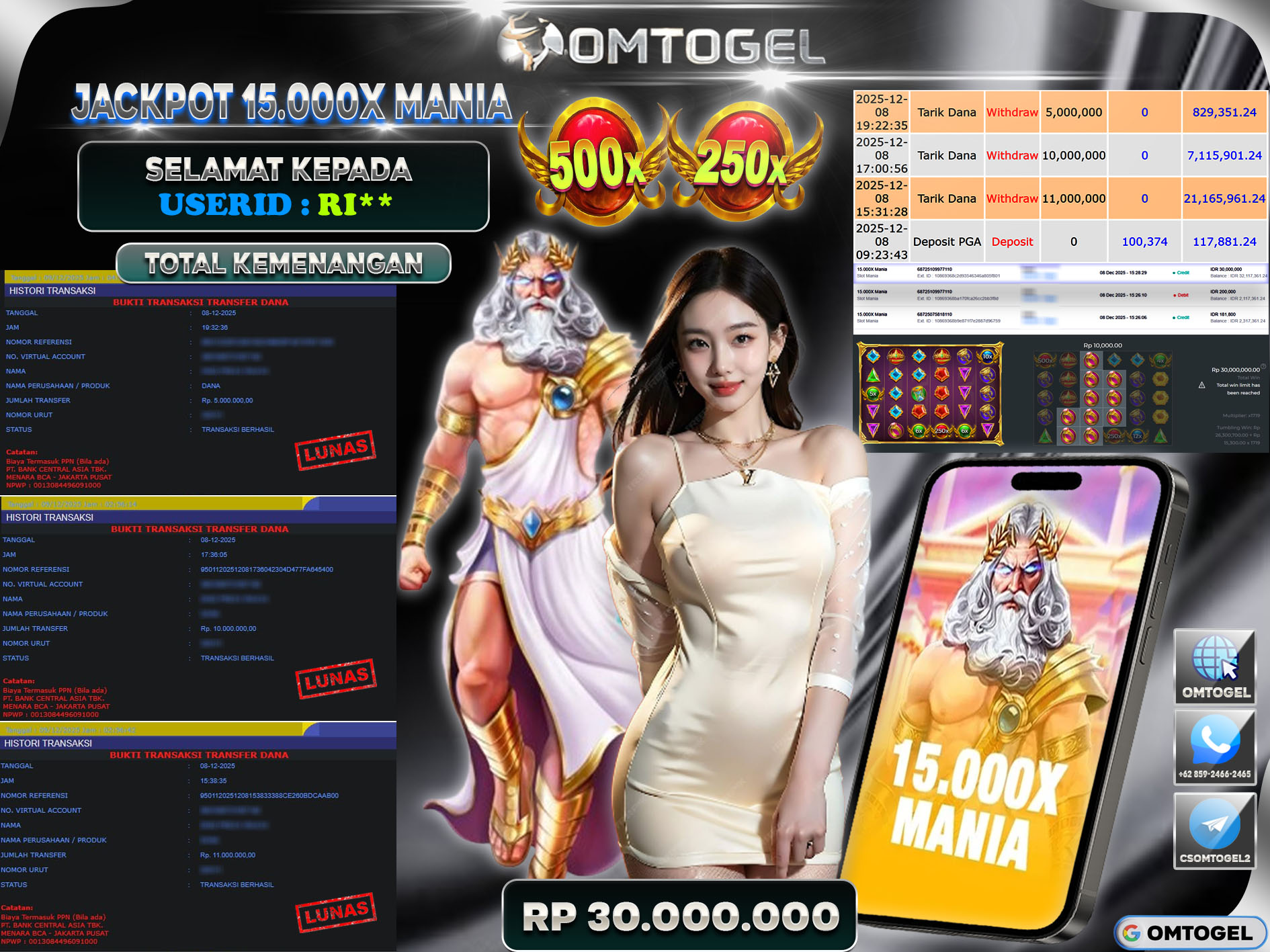 OMTOGEL JACKPOT SLOT MANIA 15,000X MANIA ,30 JUTA DI BAYAR LUNAS ,-
