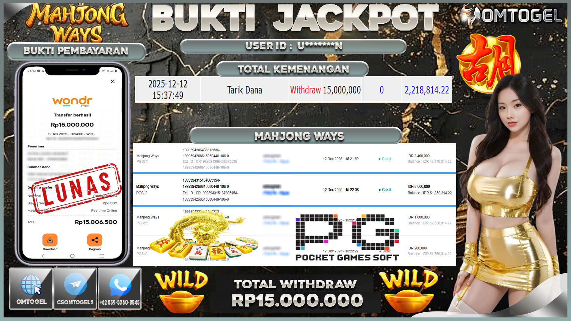 OMTOGEL JACKPOT PG SOFT MAHJONG WAYS ,15 JUTA DI BAYAR LUNAS ,-