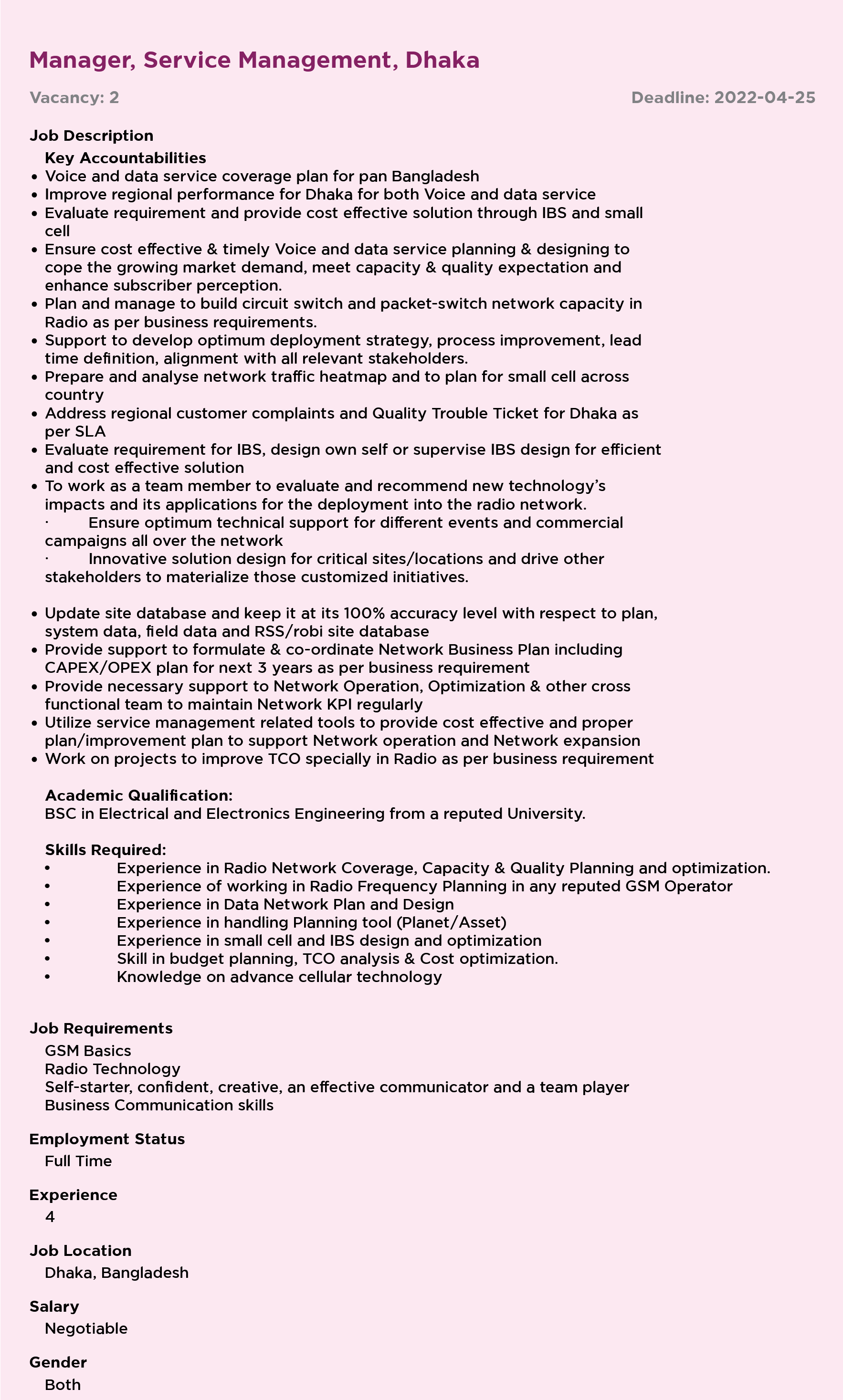 Robi Axiata Limited job circular 2023
