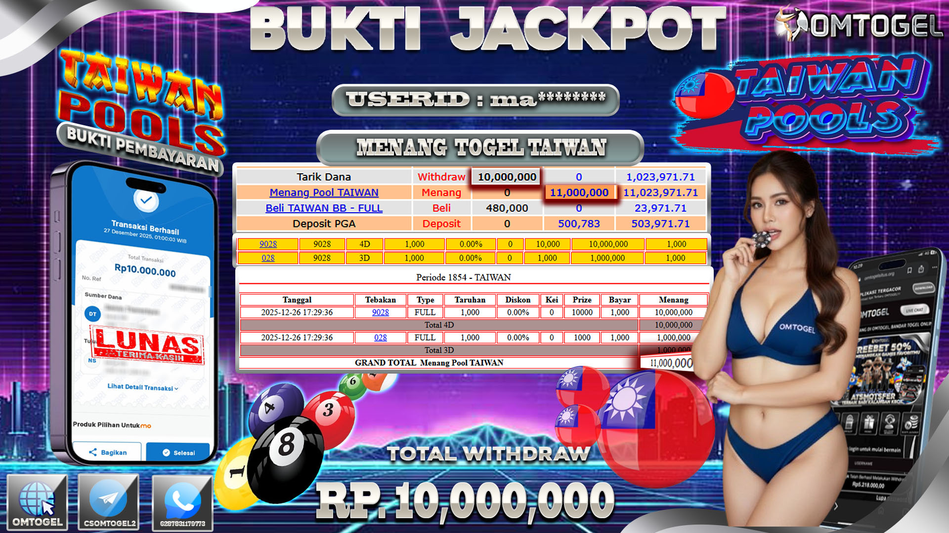 OMTOGEL JACKPOT TOGEL TAIWAN WIN 4D 3D ,10 JUTA DI BAYAR LUNAS ,-