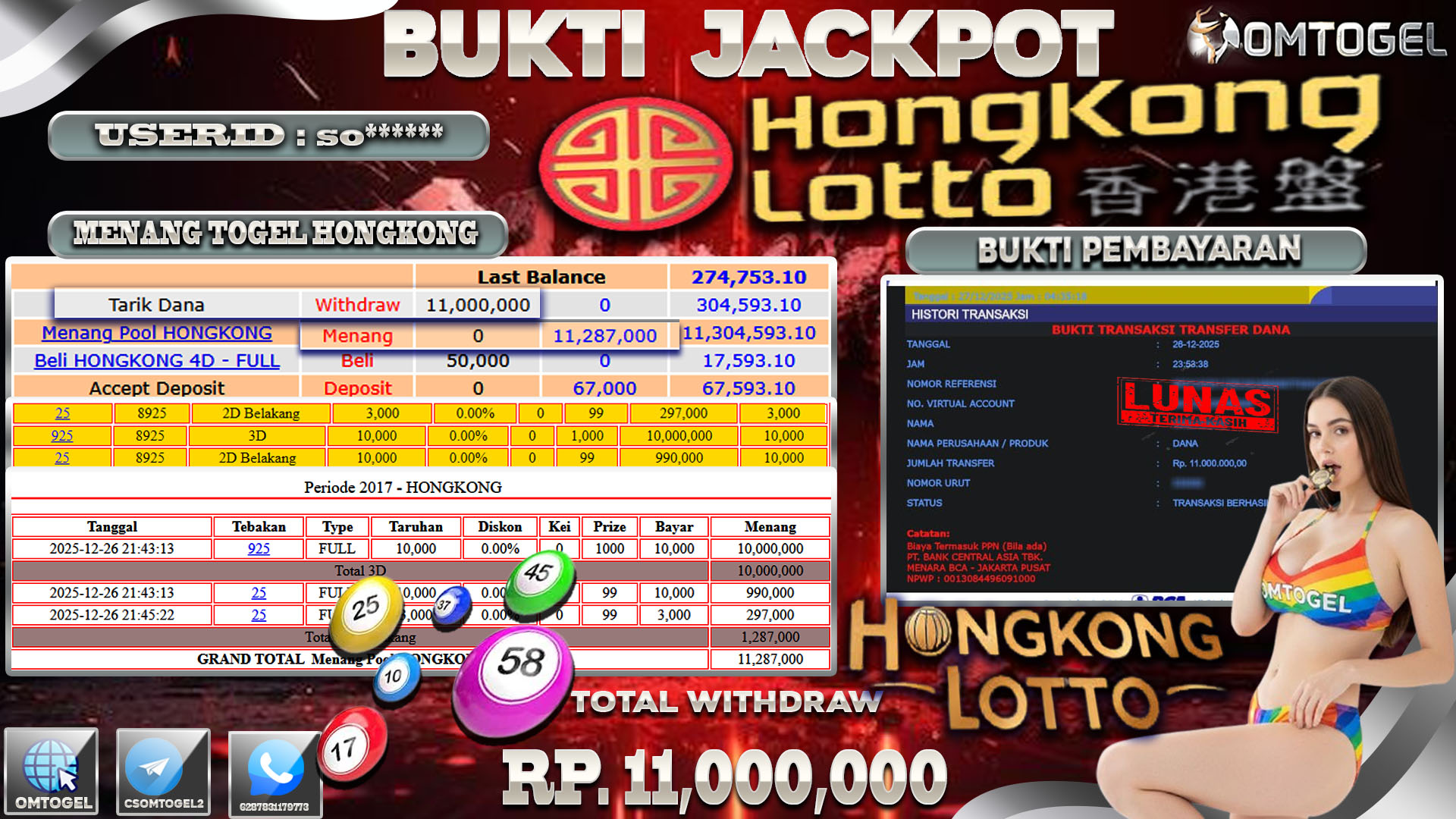 OMTOGEL JACKPOT TOGEL HONGKONG LOTTO WIN 3D 2D ,11 JUTA DI BAYAR LUNAS ,-