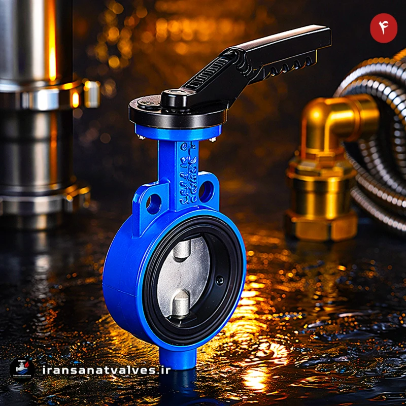 شیر پروانهای میراب با دیسک استیل 304 سایز 6 اینچ - نمای جلو و کامل شیر