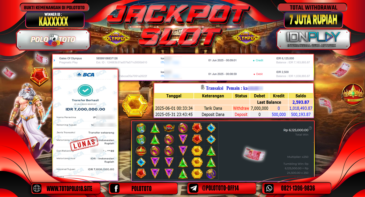 POLOTOTO JACKPOT SLOT GATES OF OLYMPUS Rp.7.000.000,-