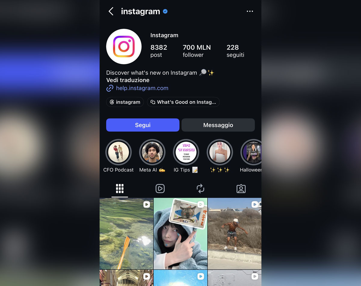Esempio di profilo Instagram di successo con spunta blu su iPhone