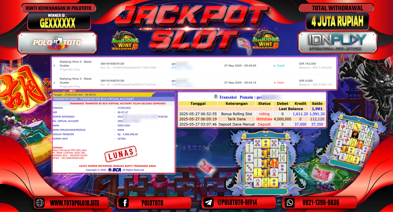 POLOTOTO JACKPOT SLOT MAHJONG WINS 3 - BLACK SCATTER Rp.4.000.000,-