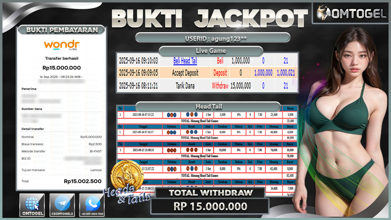 OMTOGEL JACKPOT LIVE GAMES HEAD TAIL 15 JUTA DI BAYAR LUNAS ,-