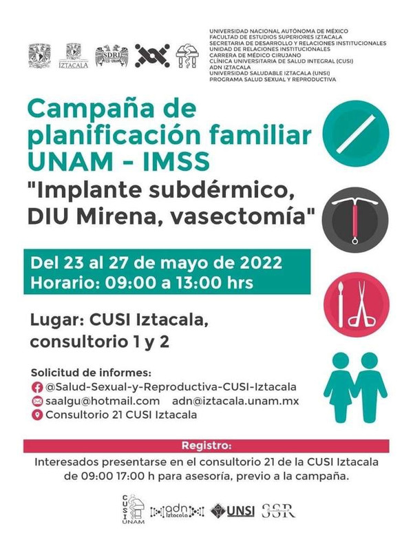 UNAM - IMSS: Campaña gratuita de planificación familiar (Implante subdérmico, DIU Mirena y vasectomía) 