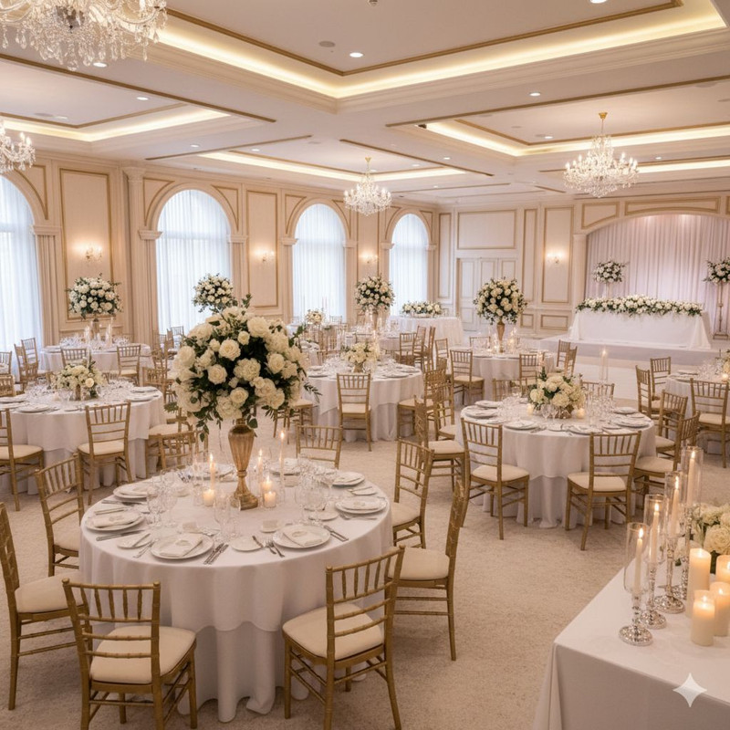 Аренда банкетной мебели для свадебного торжества с круглыми столами и стульями Кьявари