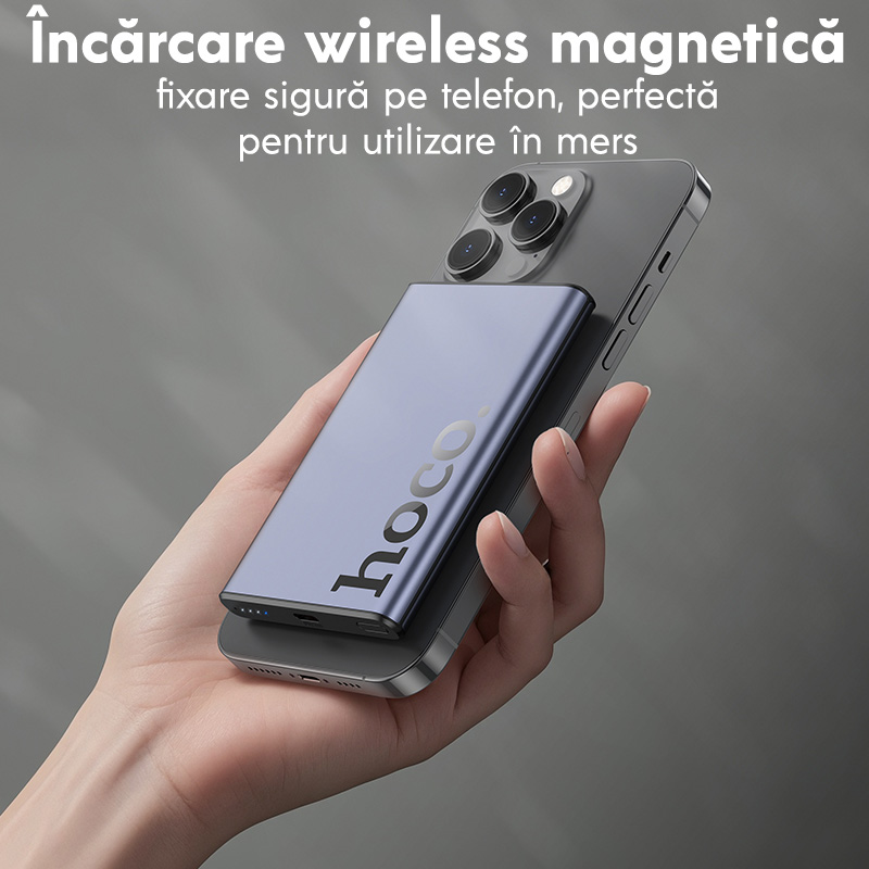 Baterie externa cu incarcare wireless Hoco Q32, PD20W, 1xUSB-C, Magnetica, 5000mAh, Incarcare rapida, Gri Baterie Magnetica HOCO Q32 Incarcare Wireless 5000mah Indicator LED Negru 3