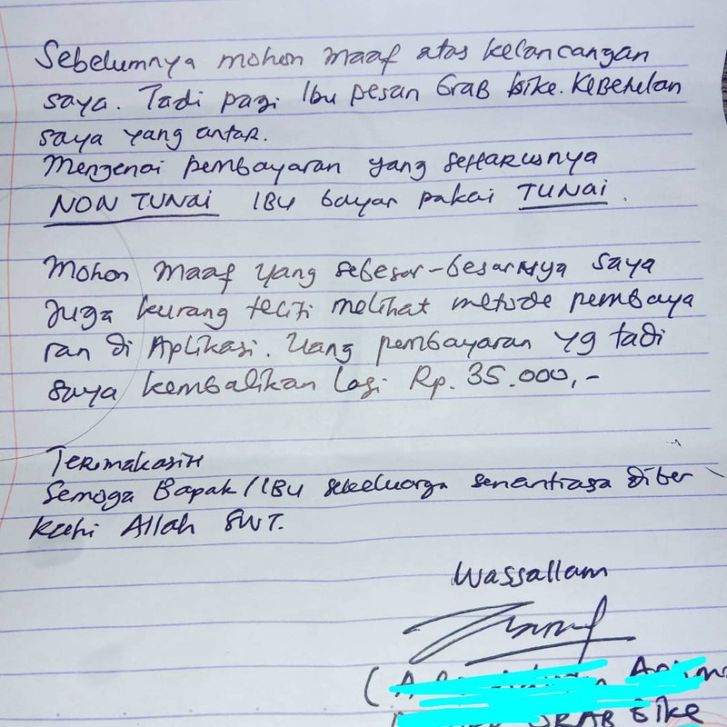 Viral driver ojol kembalikan uang penumpang lewat surat.