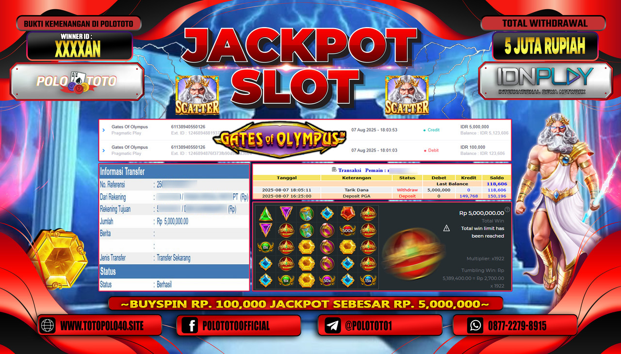 POLOTOTO JACKPOT SLOT GATES OF OLYMPUS 1000 Rp.5.000.000,-LUNAS