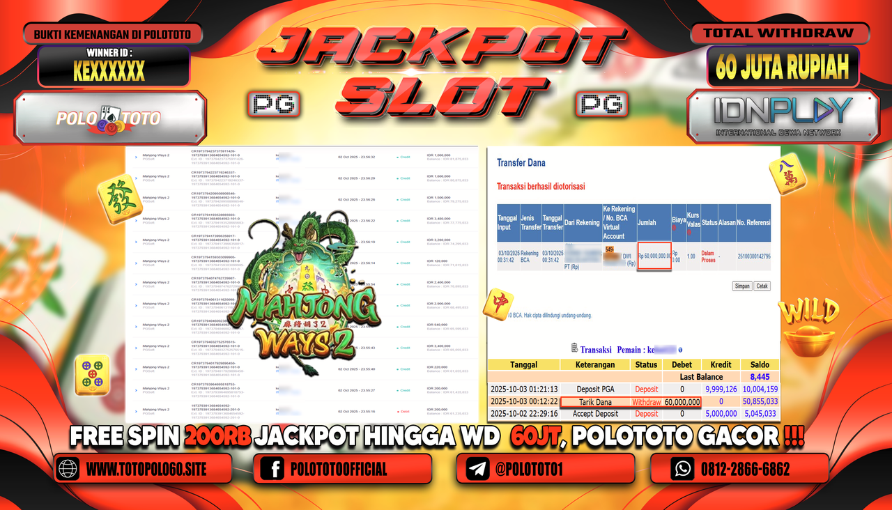 POLOTOTO JACKPOT SLOT MAHJONG WAYS 2 Rp.60.000.000,- LUNAS