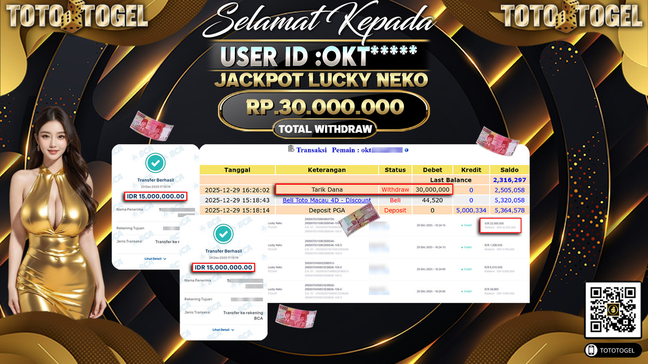 Bukti Pembayaran Jackpot Permainan Slot Lucky Neko ID:OKT**** LUNAS