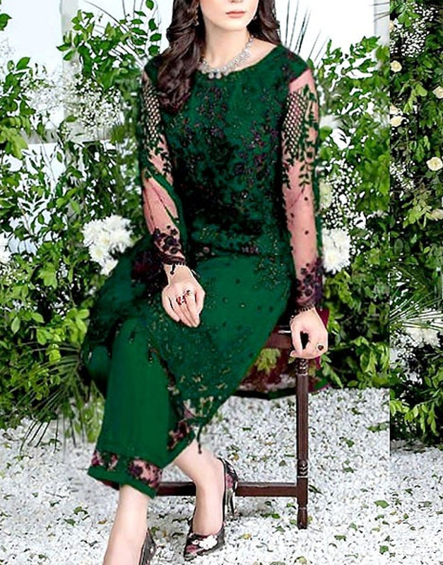 2-Piece Embroidered Fancy Net Party Wear Green Dress