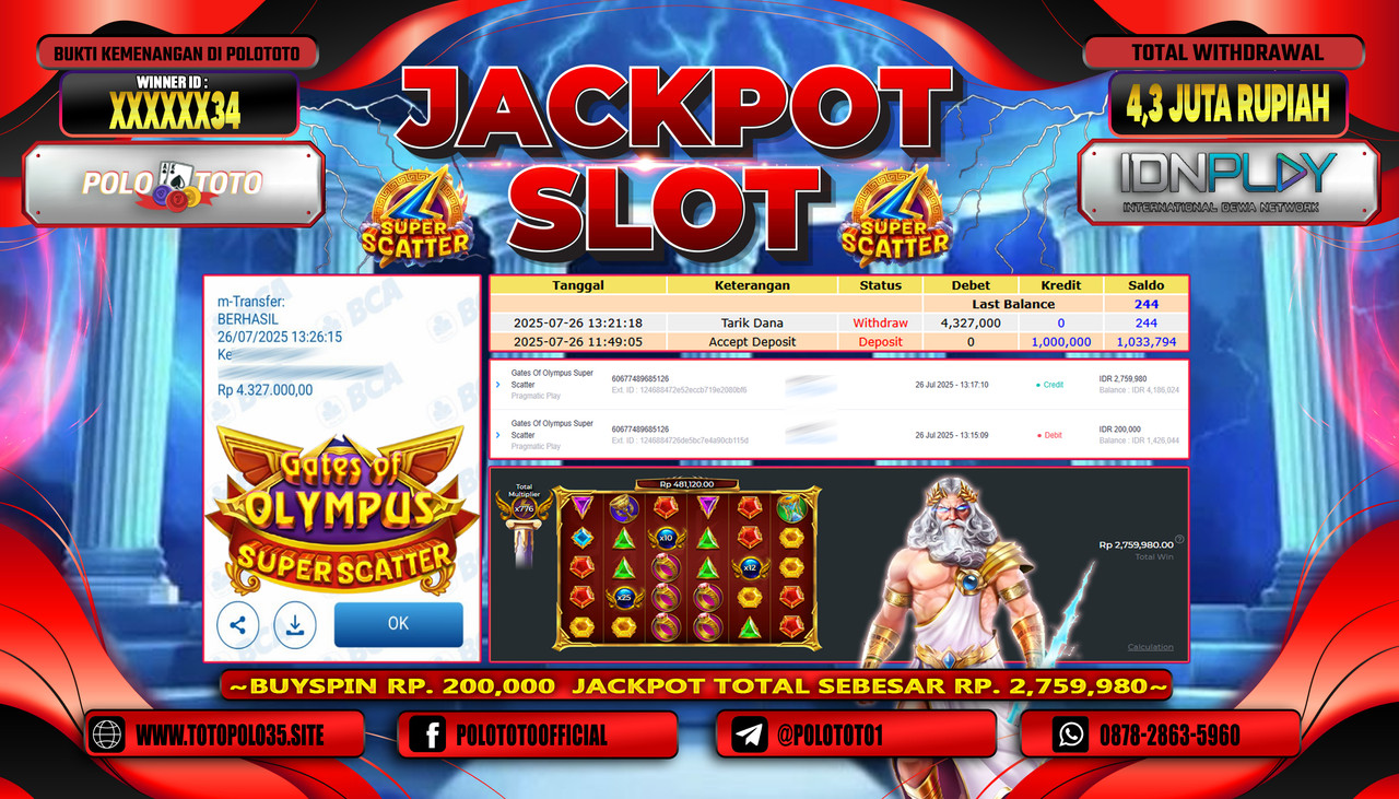 POLOTOTO JACKPOT SLOT GATES OF OLYMPUS SUPER SCATTER Rp.4.300.000,-LUNAS