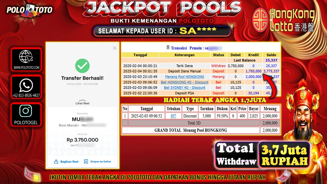 POLOTOTO JACKPOT TOGEL PASARAN HONGKONG Rp.3,750.000,-